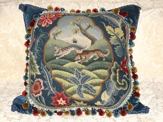 Huge Antique Needlepoint Woolwork Tapestry Pillow Of Dogs Etsy