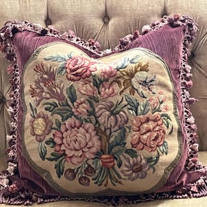 Lg Victorian needlepoint/petitpoint tapestry floral pillow purple 24 x 24