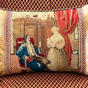 Lg Antique hand stitched needlepoint petitpoint tapestry pillow Figural/ 20 x 26