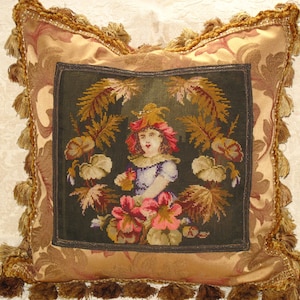 19th c Antique Victorian Needlepoint Tapestry Pillow of girl - Woolwork