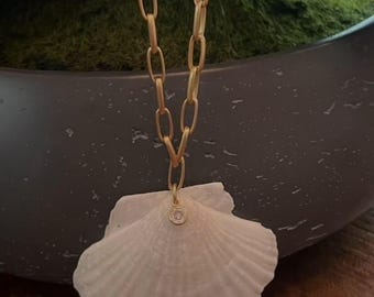 Può includere: Una collana con catena color oro con un grande ciondolo a forma di conchiglia bianca. Il guscio ha una piccola gemma rotonda e trasparente. La collana è esposta su uno sfondo scuro con vegetazione.