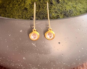 Può includere: Un paio di orecchini pendenti color oro. Ogni orecchino presenta una piccola gemma rotonda e trasparente incastonata in una lunetta dorata. Gli orecchini pendono da sottili fili color oro. Lo sfondo è un vaso grigio con muschio verde.
