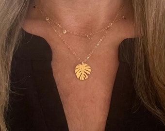 Può includere: Una collana d'oro con una catena delicata e un ciondolo a forma di foglia di monstera.