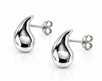 May include: A pair of polished silver stud earrings shaped like smooth, rounded teardrops. Each earring features a reflective, metallic surface and a standard post back with a circular butterfly clutch mechanism for secure fastening.