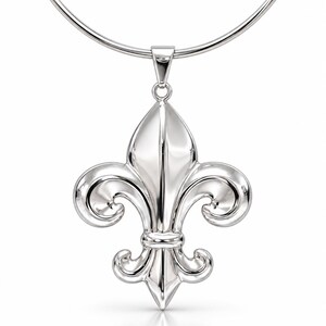 May include: A polished silver-toned fleur-de-lis pendant suspended from a matching thin metal collar necklace. The pendant features a smooth, reflective surface with a classic three-petaled design and a central vertical ridge.