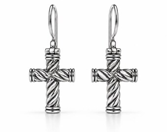 May include: A pair of silver-toned drop earrings featuring a cross-shaped pendant. Each cross is constructed from twisted, rope-like metal segments with smooth, cylindrical end caps and a hinged hook wire for attachment to the ear.