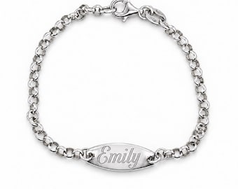 May include: A silver chain link bracelet featuring a central oval-shaped identification plate engraved with the name Emily in a cursive script. The bracelet includes a lobster claw clasp and a small tag stamped with the number 925.
