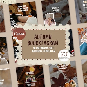Puede incluir: Un conjunto de plantillas de publicaciones de Instagram con temática otoñal. La imagen central presenta el texto "AUTUMN BOOKSTAGRAM" y "18 INSTAGRAM POST CAROUSEL TEMPLATES". Otras imágenes incluyen texto como "Book Recs for Halloween Movie Lovers".