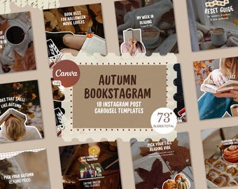 May include: A collection of Instagram post templates with an autumn theme. The central image features the text "AUTUMN BOOKSTAGRAM" and "18 INSTAGRAM POST CAROUSEL TEMPLATES". Other images include text like "Book Recs for Halloween Movie Lovers".