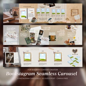 Könnte beinhalten: Ein nahtloses Bookstagram-Karussell-Template in neutralen Farbtönen. Das Design umfasst eine Kaffeetasse, Bücher und florale Elemente. Der Text enthält "Books for when life feels too loud" und "For Bookish Content Creator".