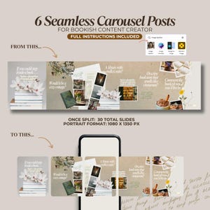 May include: A graphic illustrating a seamless carousel post design for bookish content creators. The design incorporates text, images, and floral elements. The text reads "6 Seamless Carousel Posts" and "Full Instructions Included."