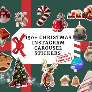 May include: A festive collage featuring Christmas stickers and illustrations on a green backdrop. Includes a snowman, candy cane, gingerbread man, and Christmas tree. Text reads "150+ Christmas Instagram Carousel Stickers".