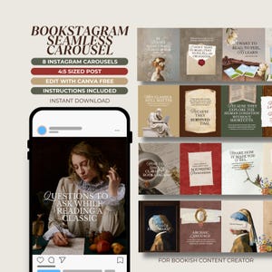 May include: Bookstagram seamless carousel template with 8 Instagram carousels. Includes a 4:5 sized post, editable with Canva, and instant download. The design features classic literature themes, with quotes and images related to reading and books. Text includes "Questions to ask while reading a classic."