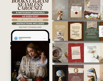 May include: Bookstagram seamless carousel template with 8 Instagram carousels. Includes a 4:5 sized post, editable with Canva, and instant download. The design features classic literature themes, with quotes and images related to reading and books. Text includes "Questions to ask while reading a classic."