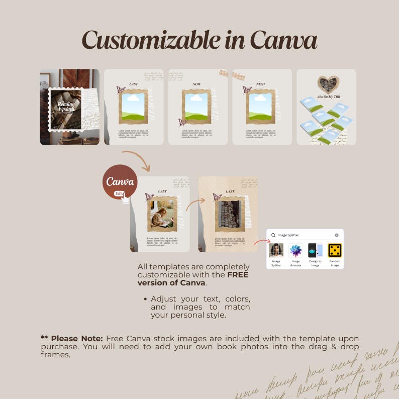 May include: A digital design template with the text "Customizable in Canva." The design includes several framed images, butterflies, and the Canva logo. Text states templates are customizable with the free version of Canva.