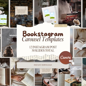 Peut inclure: Modèles de carrousel Bookstagram avec une palette de couleurs neutres. La conception comprend diverses images de livres, de café et d'éléments liés à la lecture. Le texte sur l'image comprend "Bookstagram Carousel Templates", "12 Instagram Post", et "50 Slides Total".