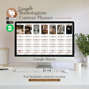 May include: A computer screen shows a "Simple Bookstagram Content Planner" template. The display features a grid layout for content planning. The text "Google Sheets" and "For bookish content creator" are also visible on the screen.