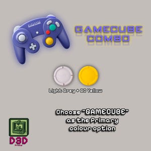 May include: A purple Nintendo GameCube controller with a white cross button and colorful buttons. The image also shows two circular buttons, one light grey and one yellow, and text that reads "GAMECUBE COMBO".