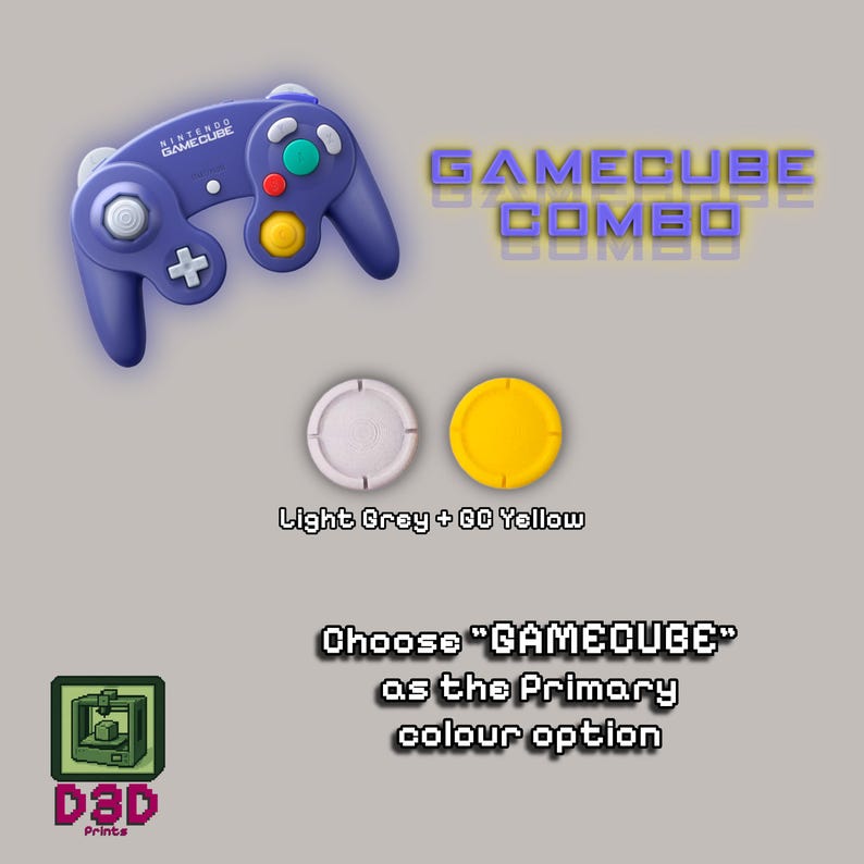 May include: A purple Nintendo GameCube controller with a white cross button and colorful buttons. The image also shows two circular buttons, one light grey and one yellow, and text that reads "GAMECUBE COMBO".