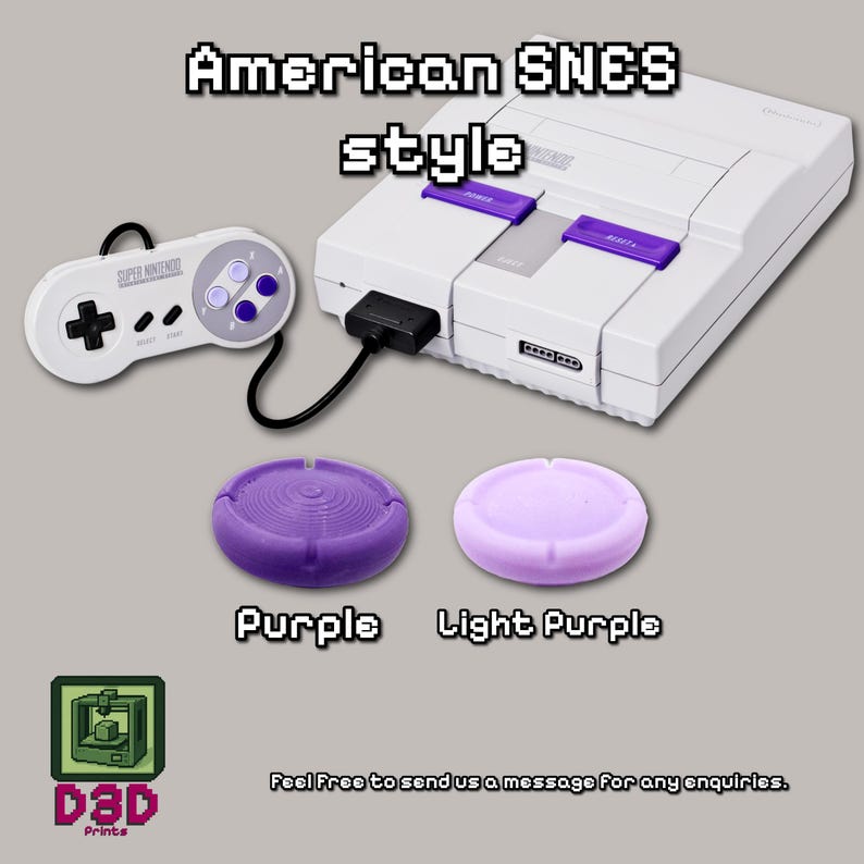 May include: A white Super Nintendo Entertainment System (SNES) console with a matching controller and two purple accessories. The text "American SNES style" is displayed above the console. The accessories are labeled "Purple" and "Light Purple".