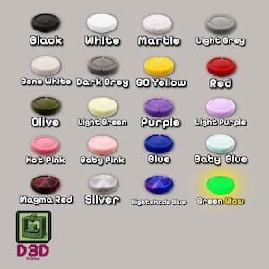 May include: A collection of small, round, 3D-printed objects in various colors, including black, white, marble, and red. Each object is labeled with its color name. The image also features a logo for D3D Prints.