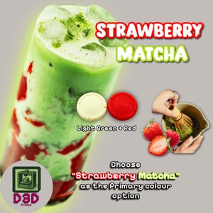 May include: A refreshing Strawberry Matcha drink in a tall glass, layered with green and red hues, and ice cubes. The image includes the text "Strawberry Matcha" and "Choose Strawberry Matcha as the Primary color option."