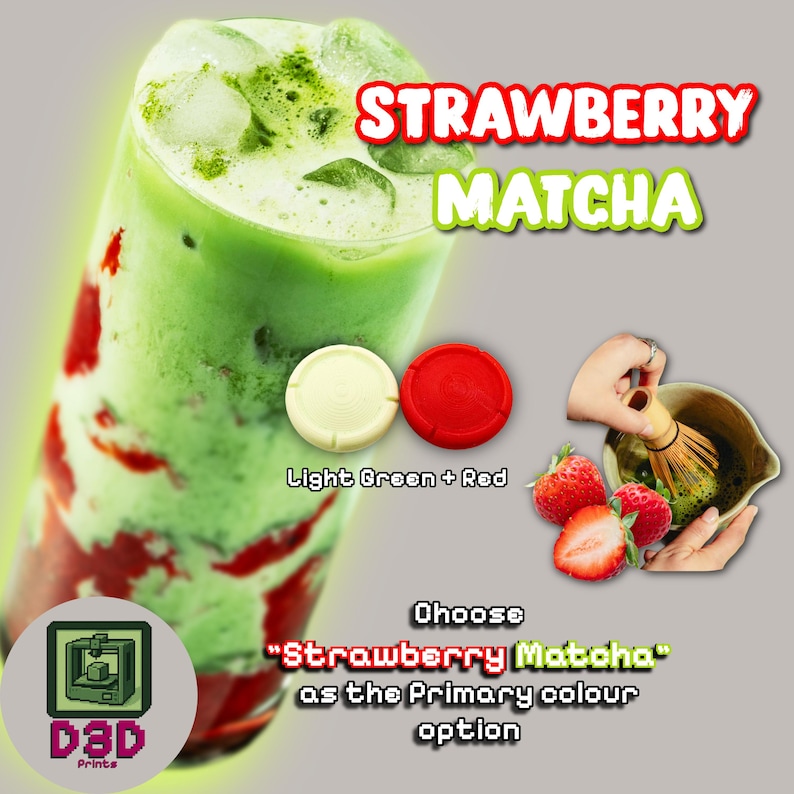 May include: A refreshing Strawberry Matcha drink in a tall glass, layered with green and red hues, and ice cubes. The image includes the text "Strawberry Matcha" and "Choose Strawberry Matcha as the Primary color option."
