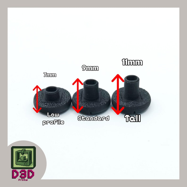 May include: Three black 3D-printed bottle stoppers with varying heights: 7mm, 9mm, and 11mm. Each stopper has a circular base and a cylindrical top. The text "Low profile", "Standard", and "Tall" are below each stopper. The D3D Prints logo is in the lower left corner.