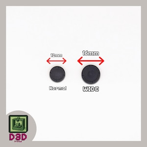 May include: Two black circular objects, one labeled "Normal" and the other "WIDE". The "Normal" object is 12mm in diameter, and the "WIDE" object is 16mm in diameter. The image includes the logo of "D3D Prints".