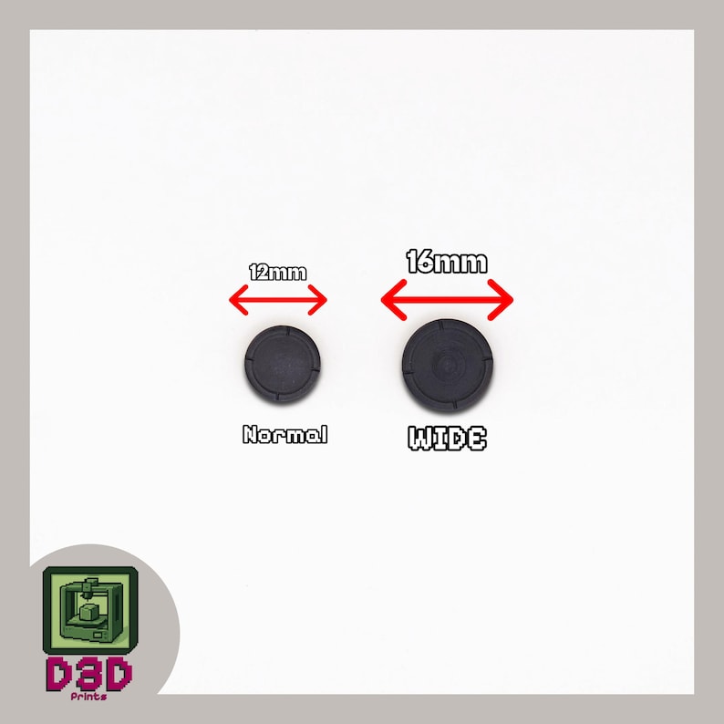May include: Two black circular objects, one labeled "Normal" and the other "WIDE". The "Normal" object is 12mm in diameter, and the "WIDE" object is 16mm in diameter. The image includes the logo of "D3D Prints".