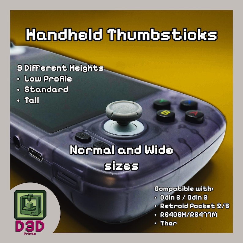 May include: A handheld gaming device with a clear purple case and gray thumbstick. The image displays the text "Handheld Thumbsticks" and lists features: "3 Different Heights", "Normal and Wide sizes". Compatible with Odin 2/3, Retroid Pocket S/6, RG406H/RG411M, and Thor.