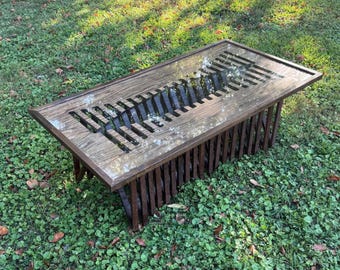 Handmade solid oak plywood coffee table with unique design, tempered glass top and LED lights. Fully assembled. Free shipping.