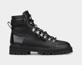 Botas de combate de cuero negro hechas a mano: botines con cordones y suela gruesa