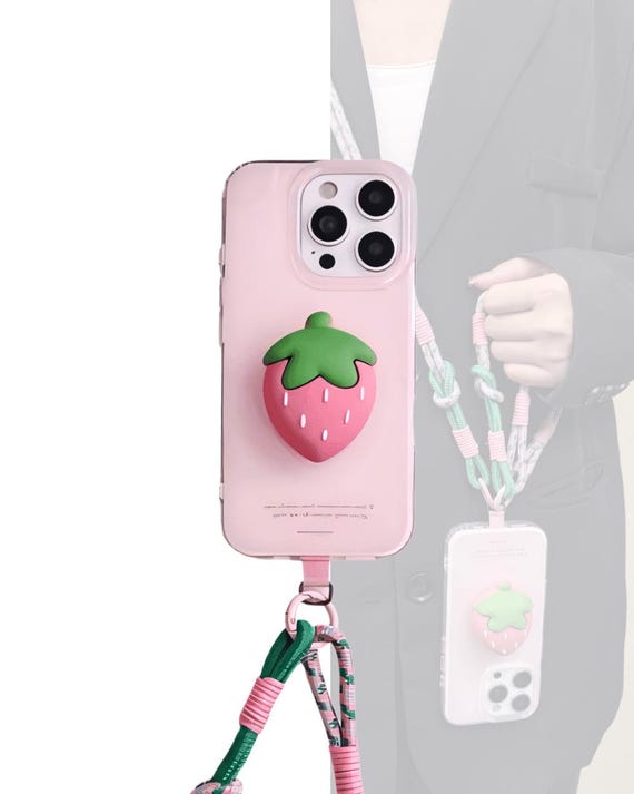 Strawberry Phone Case with Strap and Stand Grip and Crossbody Lanyard – Cute Pink iPhone Cover