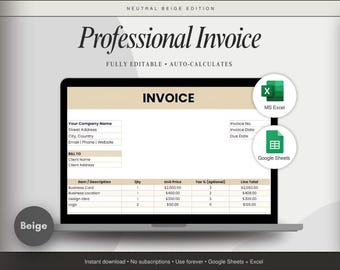 Bearbeitbare Rechnungsvorlage für kleine Unternehmen Excel Google Sheets PDF Beige druckbare Rechnung für Freiberufler und Unternehmer