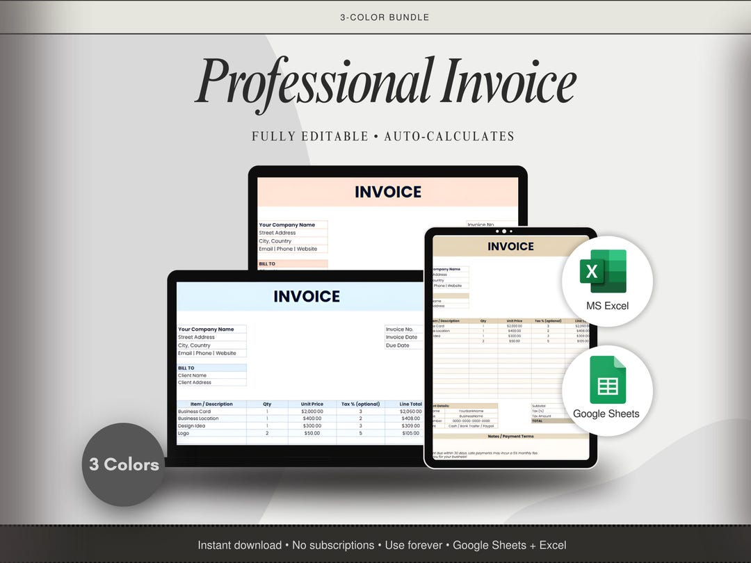 Invoice Template Bundle Small Business Excel Google Sheets PDF ...