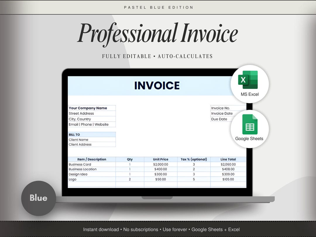 Editable Invoice Template Small Business Excel Google Sheets PDF Blue ...