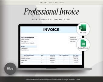 Bearbeitbare Rechnungsvorlage für kleine Unternehmen Excel Google Sheets PDF Blau druckbare Rechnung für Freelancer und Unternehmer