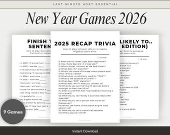 Silvester Spiele 2026 Party Erwachsene & Familie Handy freundlich druckbare digitale Download Ink-Saver Version Silvester