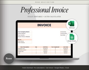 Bearbeitbare Rechnungsvorlage für kleine Unternehmen Excel Google Sheets PDF Rose Druckbare Rechnung Freelancer Entrepreneurs