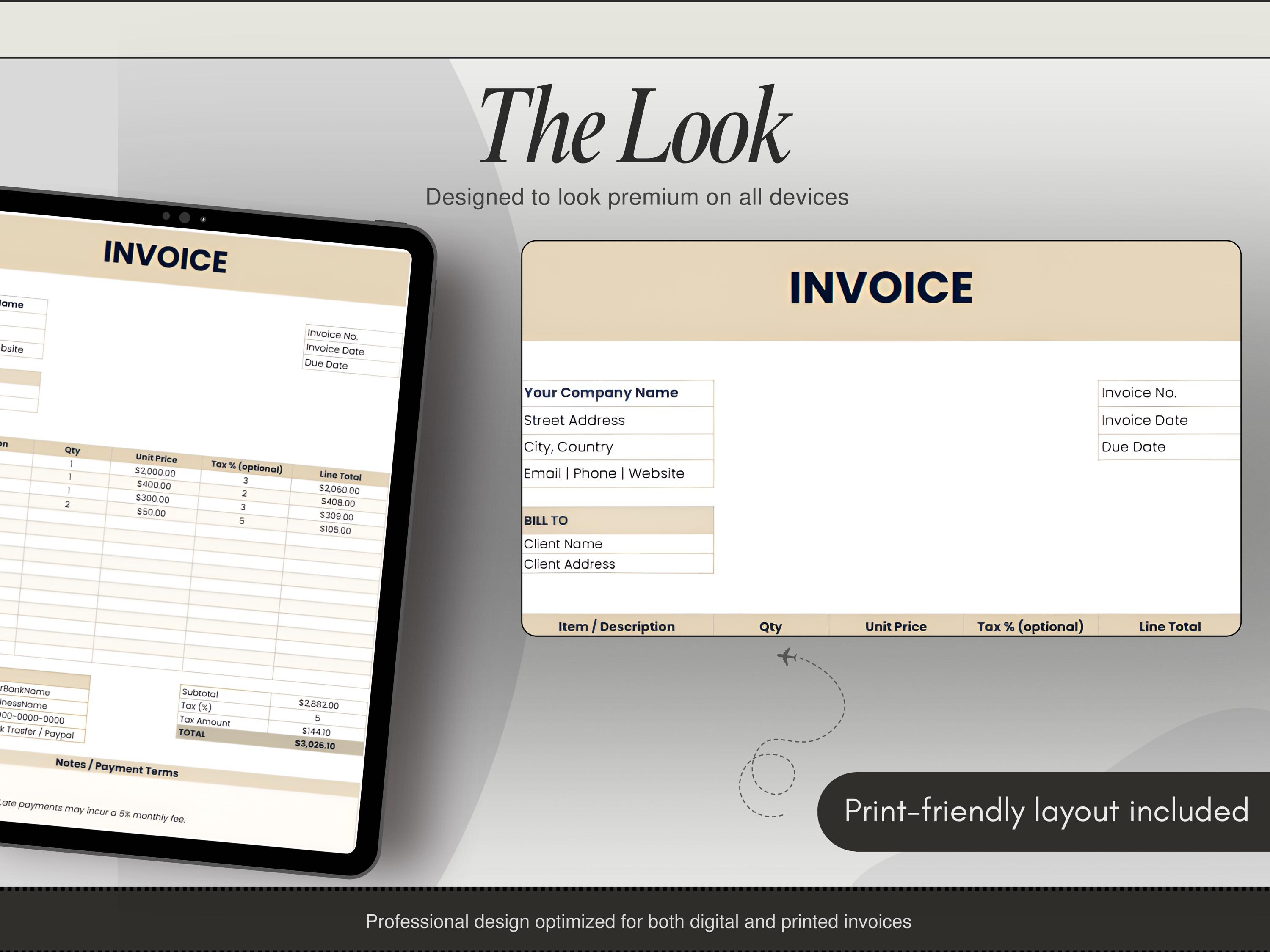 Editable Invoice Template Small Business Excel Google Sheets PDF Beige ...