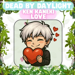 Puede incluir: Ilustración de un personaje con cabello blanco sosteniendo un corazón rojo, con tres corazones más pequeños flotando encima. El texto "DEAD BY DAYLIGHT KEN KANEKI LOVE" se muestra en la parte superior, rodeado de vegetación y un borde decorativo.