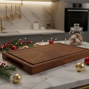 Tabla de cortar y servir de madera de nogal hecha a mano – 41x25 cm, estilo chef de una sola pieza con canal para jugos y asas