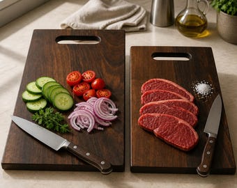 May include: Two rectangular dark wood cutting boards with handle cutouts. One board holds sliced cucumbers, cherry tomatoes, red onion, and parsley with a chef's knife. The other board holds four raw beef steaks, sea salt, and a chef's knife.