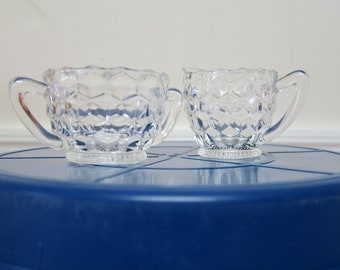 1930s Jeannette Sugar Bowl and Creamer - Depression Glass - Cubist Pattern - Clear and Pink sets available