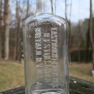 Antieke glazen fles New York Made in USA Easy Bright Polish B.F. Stinson