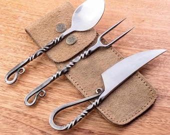 Handmade Medieval Cutlery Set, Iron Chef Set, BBQ Tool with Leather Cover