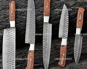 Juego de chef de acero de Damasco hecho a mano: herramientas de cocina artesanales