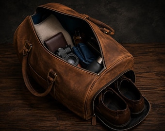 Personalised 21” Full Grain Leather Duffle Bag | Engraved Weekender Travel Holdall with Shoe Compartment