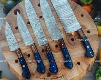 Juego de chef de acero de Damasco hecho a mano: herramientas de cocina artesanales